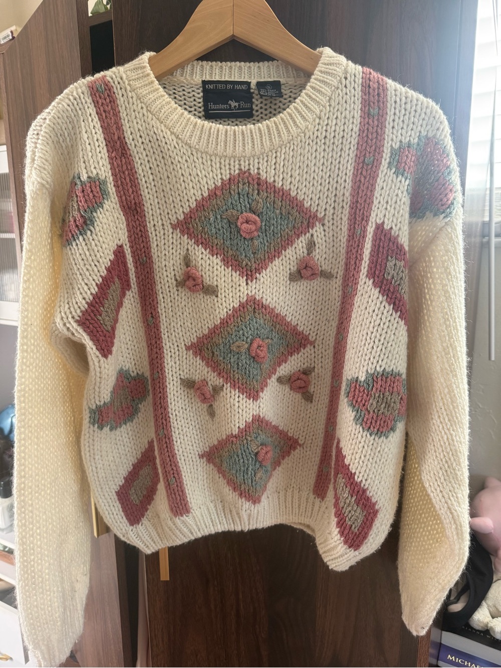 Hunter Cream Knit Sweater with Pink and Sage Floral Motifs